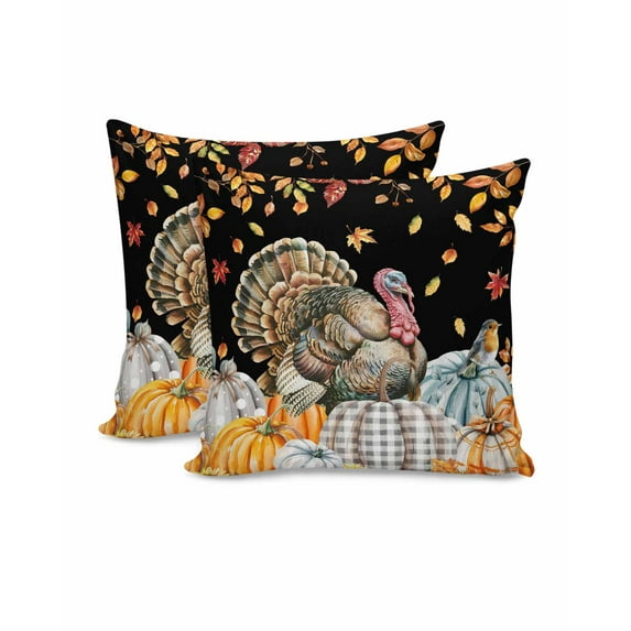 Decorative Throw Pillow Covers 20x20 Inch Set of 2 Turkey Pumpkin Maple Leaves Fall Decor Pillow Cases for Couch, Bird Black Cushion Case for Living Room Bedroom Bed Car Chair