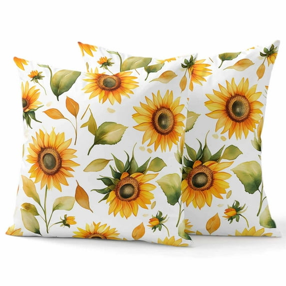 Decorative Throw Pillow Covers 20x20 Inch Set of 2 Watercolor Sunflower Home Decor Pillow Cases for Couch, Flowers Leaf Cushion Case for Living Room Bedroom Bed Car Chair
