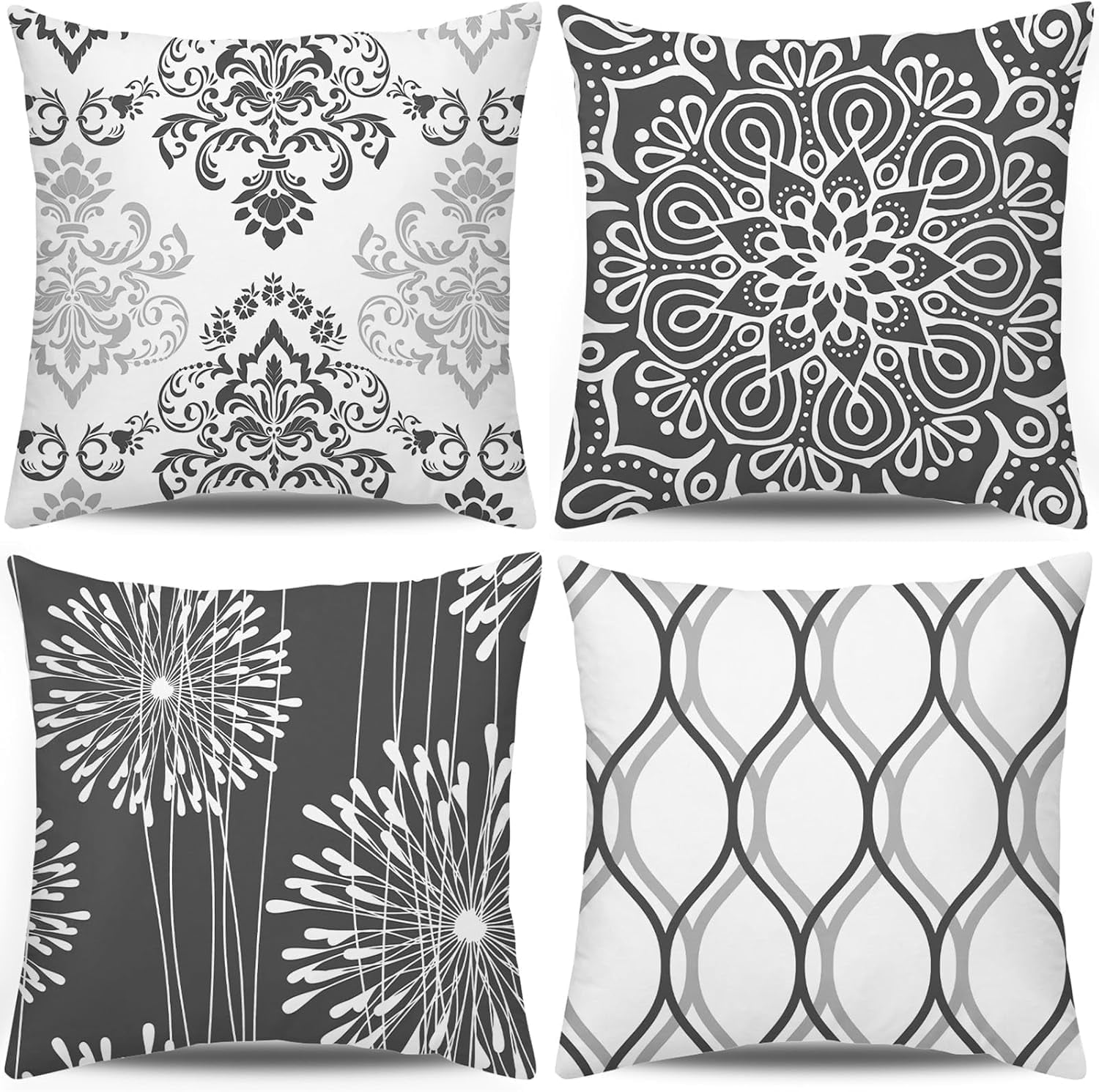 Decorative Throw Pillow Covers 20x20 Set of 4, Dark Grey and White Modern Simple Square Pillow Case Cushion Cover for Sofa Couch Farmhouse Outdoor Living Room