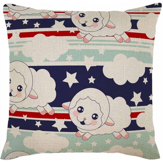 Decorative Throw Pillow Covers Cartoon Sheep Kawaii Colored Stripes Cotton Linen Square Pillow Cases for Couch Sofa Bed,18 x 18 inches