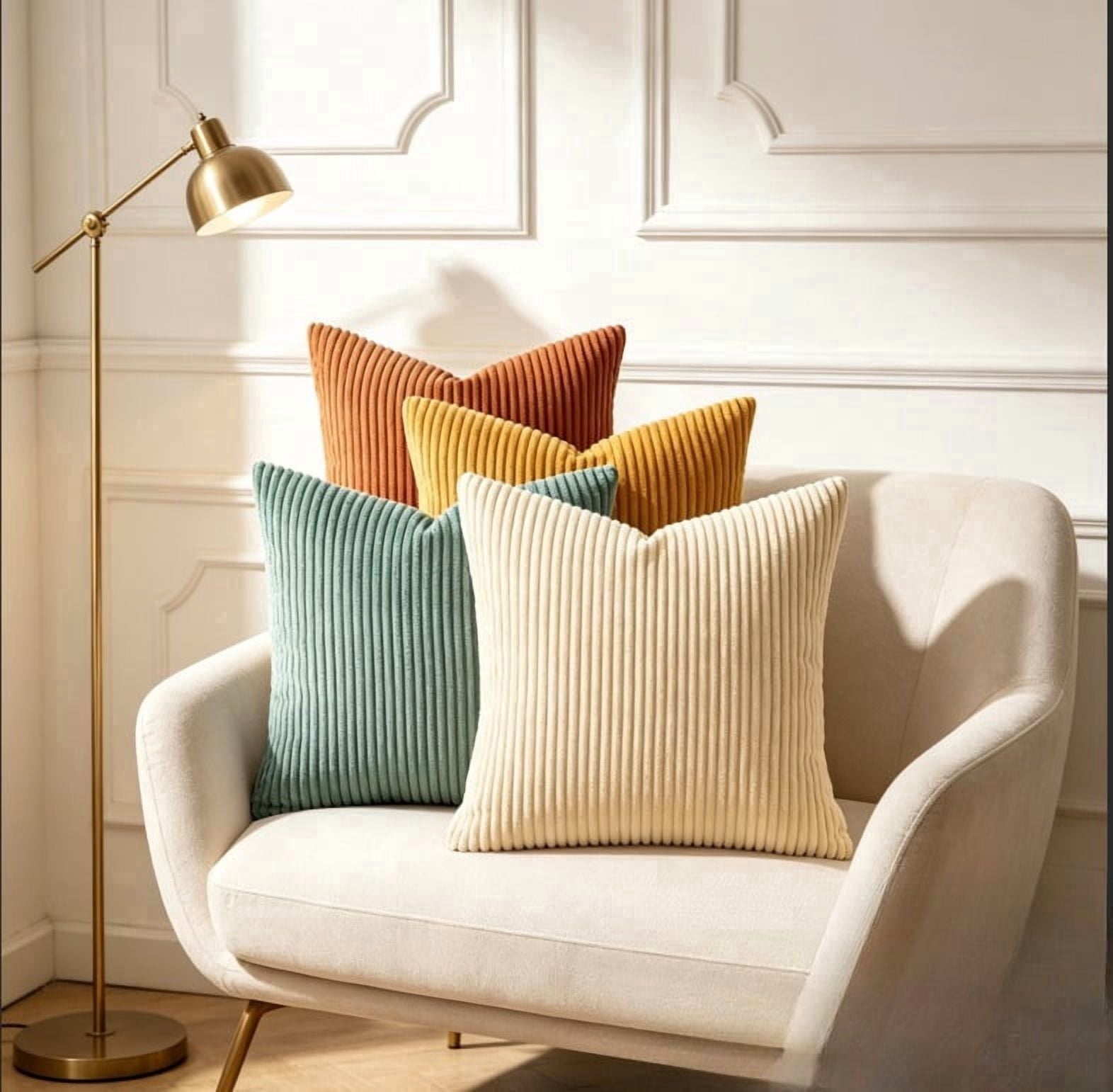 Decorative Throw Pillow Covers Set of 4, Soft Corduroy Cushion Cases with Gradient Color Design, Hidden Zipper, 18 x 18 Inch, Orange, Mustard, Teal & Cream