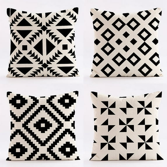 Decorative Throw Pillow Covers Geometric Black and White Square Cushion Case for Couch Sofa Bed Bedroom Living Room, 18x18 Inch