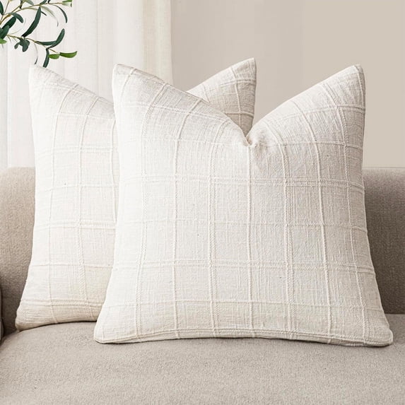 Decorative Throw Pillow Covers, Premium Linen Blend Plaid Pattern, 16 Inch Square Cushion Cases, White Soft Pillow Slipcovers For Sofa Couch Bedroom Living Room Home Decor, Single