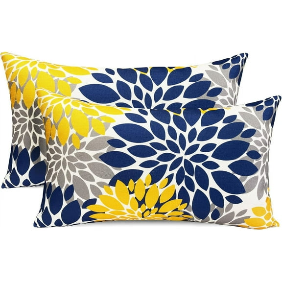 Decorative Throw Pillow Covers Set of 2 Blue Yellow Pillow Covers 12x20 inch Throw Pillows Linen Square Pillow Case,Farmhouse Outdoor Modern Floral Pillow Covers for Couch Sofa Living Room