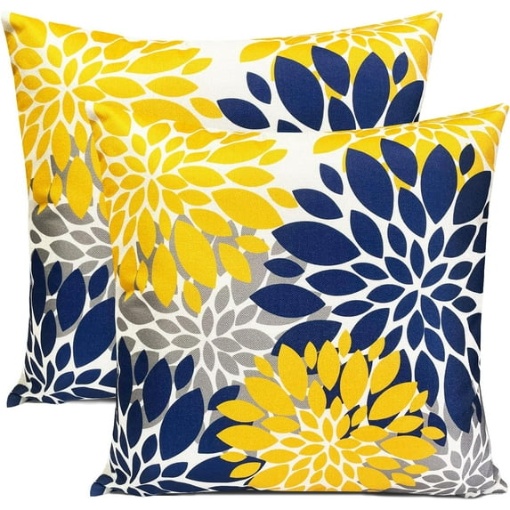 Decorative Throw Pillow Covers Set of 2 Blue Yellow pillow covers 18x18 Inch Couch Pillow Covers for Sofa Living Room Outdoor throw pillow cover Linen Floral Flower Farmhouse Pillowcase