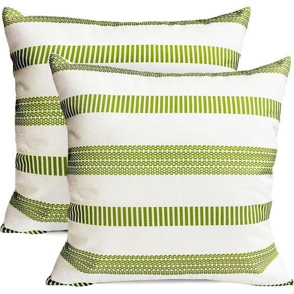 Decorative Throw Pillow Covers Set of 2 Grass Green Pillow Covers 16x16 inch Throw Pillows Linen Square Pillow Case,Farmhouse Outdoor Boho Striped Pillow Covers for Couch Sofa Living Room