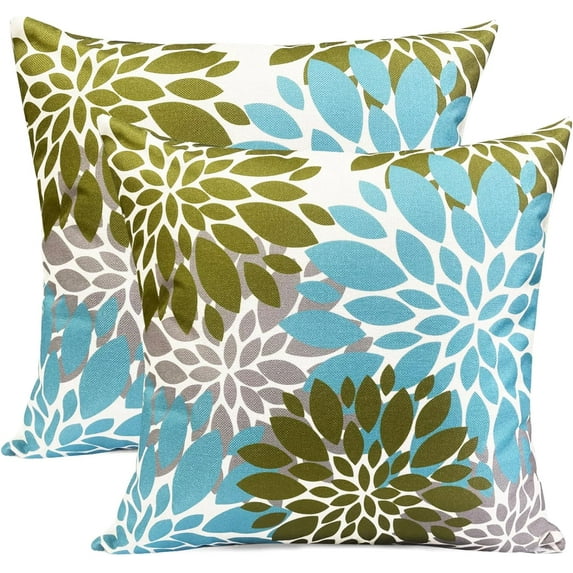 Decorative Throw Pillow Covers Set of 2 Light Blue Green Pillow Covers 18x18 Inch Couch Pillow Covers for Sofa Living Room Outdoor Throw Pillow Cover Linen Floral Farmhouse Pillowcase