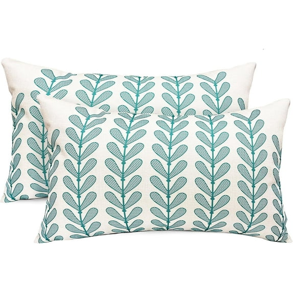 Decorative Throw Pillow Covers Set of 2 Teal Blue Pillow Covers 12x20 inch Throw Pillows Linen Square Pillow Case,Farmhouse Outdoor Modern Botanical Pillow Covers for Couch Sofa Living Room
