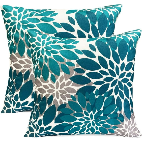 Decorative Throw Pillow Covers Set of 2 Teal Blue Pillow Covers 18x18 Inch Couch Pillow Covers for Sofa Living Room Outdoor Throw Pillow Cover Linen Floral Flower Farmhouse Pillowcase