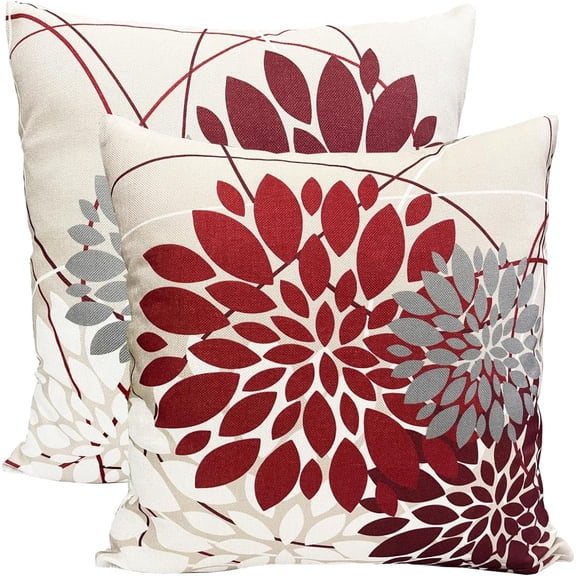 Decorative Throw Pillow Covers Set of 2 Wine Red Pillow Covers 16x16 inch Throw Pillows Linen Square Pillow Case,Farmhouse Outdoor Modern Floral Pillow Covers for Couch Sofa Living Room