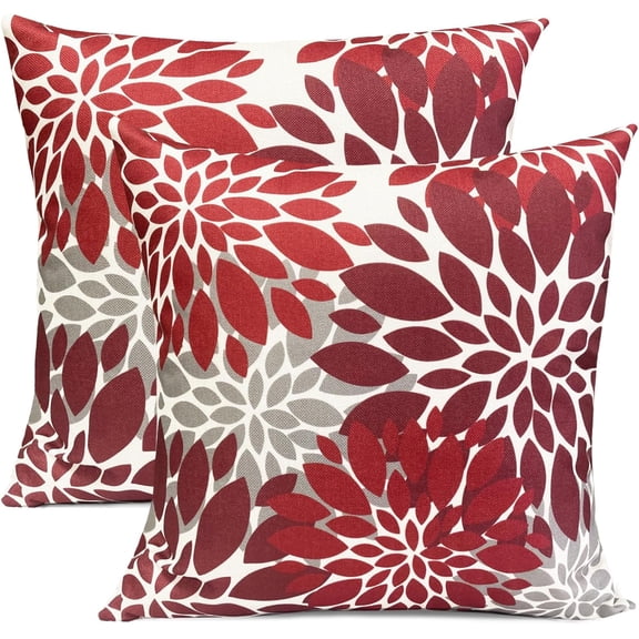 Decorative Throw Pillow Covers Set of 2 Wine Red Pillow Covers 18x18 inch Throw Pillow Cases Linen Square Pillow Case,Farmhouse Outdoor Floral Flower Pillow Covers for Couch Sofa Living Room