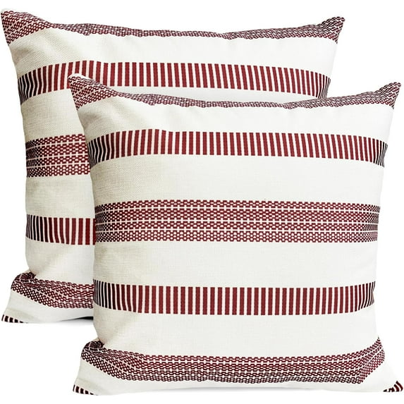 Decorative Throw Pillow Covers Set of 2 Wine Red pillow covers 18x18 inch Throw Pillows Linen Square Pillow Case,Farmhouse Outdoor Modern Boho Striped Pillow Covers for Couch Sofa Living room