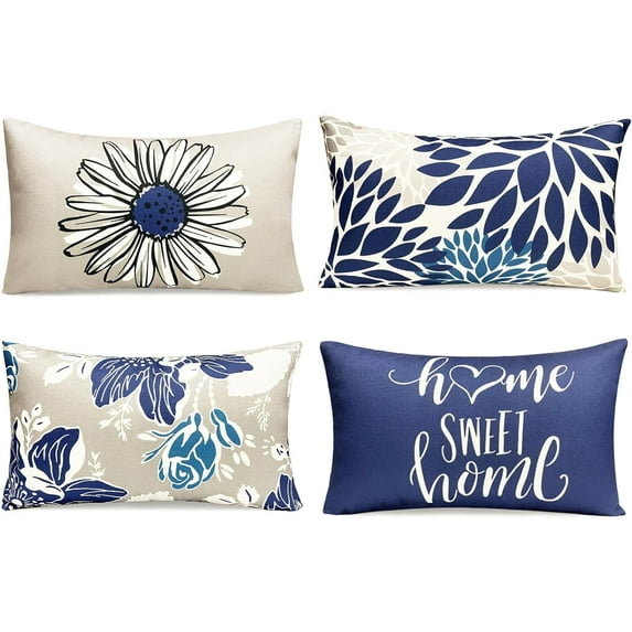 Decorative Throw Pillow Covers Set of 4 Blue pillow covers 12x20 inch throw pillow cases Linen Square Pillow Case,Farmhouse Outdoor Modern Boho Pillow Covers for Couch Sofa Living Room