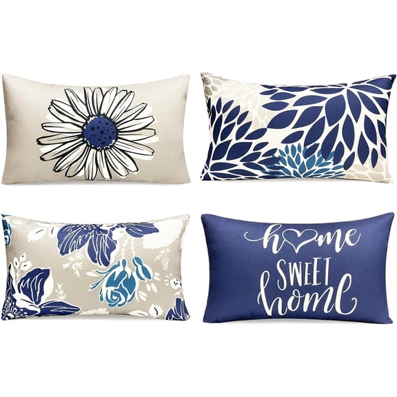 Decorative Throw Pillow Covers Set of 4 Blue pillow covers 12x20 inch throw pillow cases Linen Square Pillow Case,Farmhouse Outdoor Modern Boho Pillow Covers for Couch Sofa Living Room