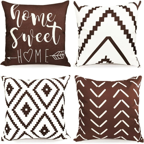 Decorative Throw Pillow Covers Set of 4 Brown Pillow Covers 16x16 inch Throw Pillow Cases Linen Square Pillow Case,Farmhouse Outdoor Modern Geometric Pillow Covers for Couch Sofa Living Room