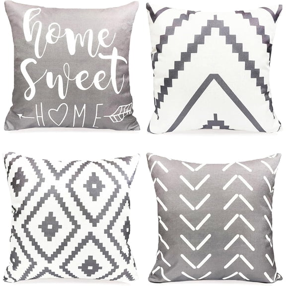 Decorative Throw Pillow Covers Set of 4 Grey Pillow Covers 16x16 inch Throw Pillow Cases Linen Square Pillow Case,Farmhouse Outdoor Modern Geometric Pillow Covers for Couch Sofa Living Room