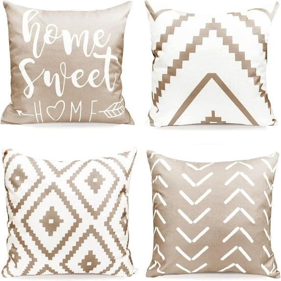 Decorative Throw Pillow Covers Set of 4 Light khaki Pillow Covers 20x20 inch Throw Pillows Linen Square Pillow Case,Farmhouse Modern Geometric Pillow Covers for Couch Sofa Outdoor Living room