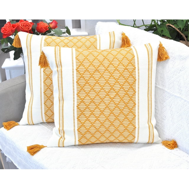 Decorative Throw Pillow Covers with Tassels, 18x18 Inches (Set of 2