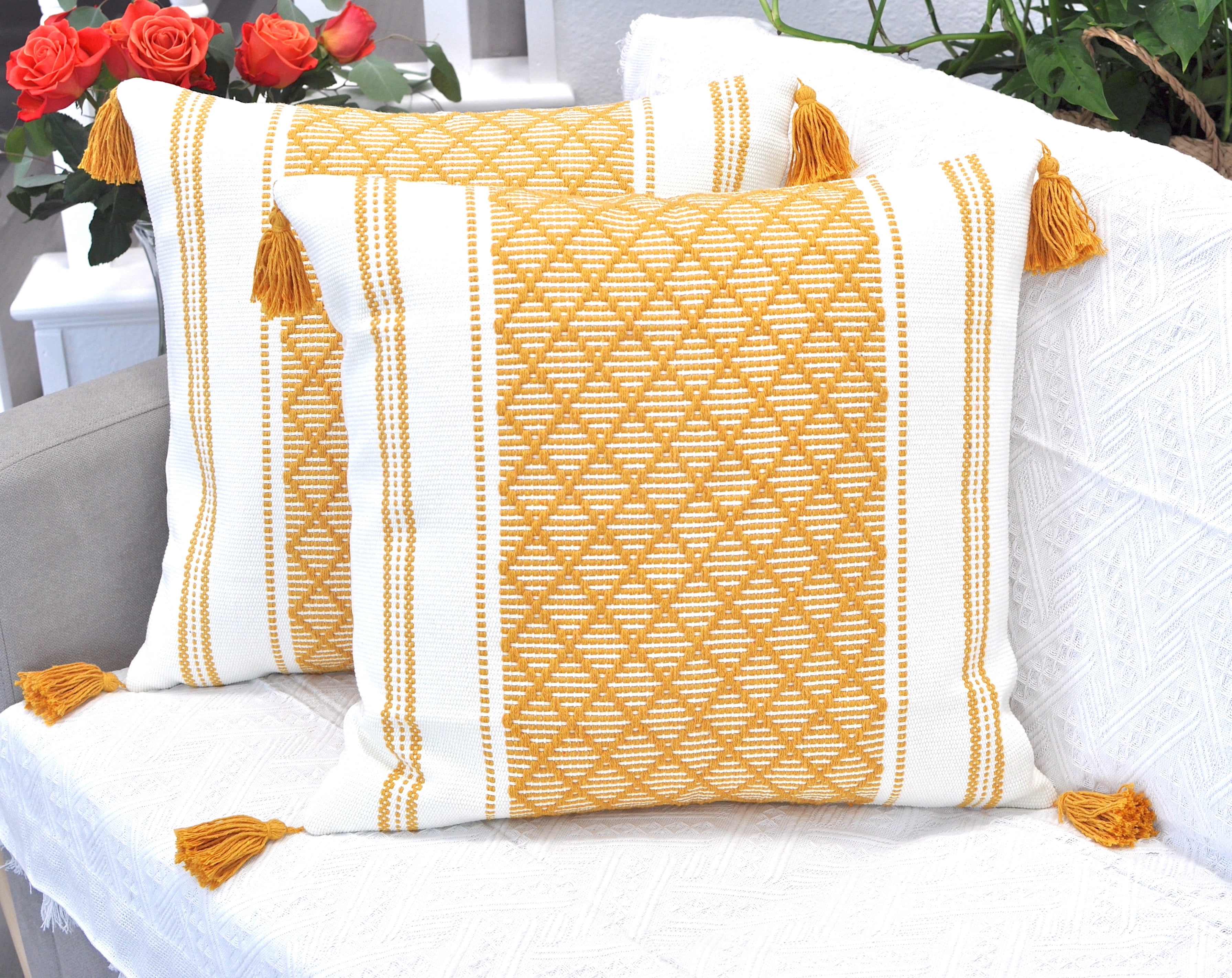 Decorative Throw Pillow Covers with Tassels, 18x18 Inches (Set of 2), Mustard Yellow/Cream | Checkered Pattern Boho Pillow Covers | Farmhouse Woven Pillow Cases | Natural Accent Cushion Covers
