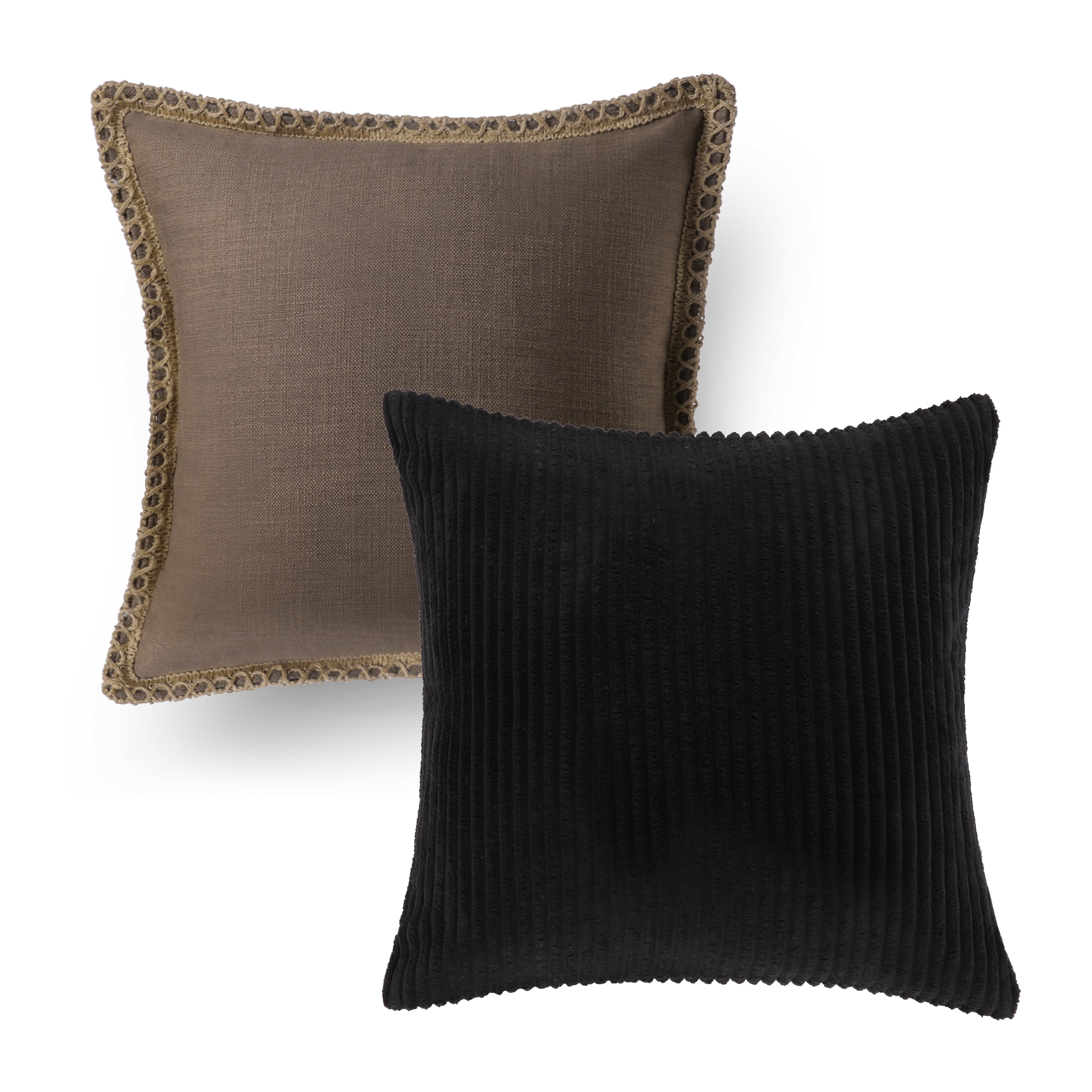 Decorative Throw Pillow Set, Linen Trimmed Farmhouse & Soft Corduroy Striped Velvet Series Bundle, for Sofa Couch Bedroom, Dark Coffee & Black, 18" x 18"