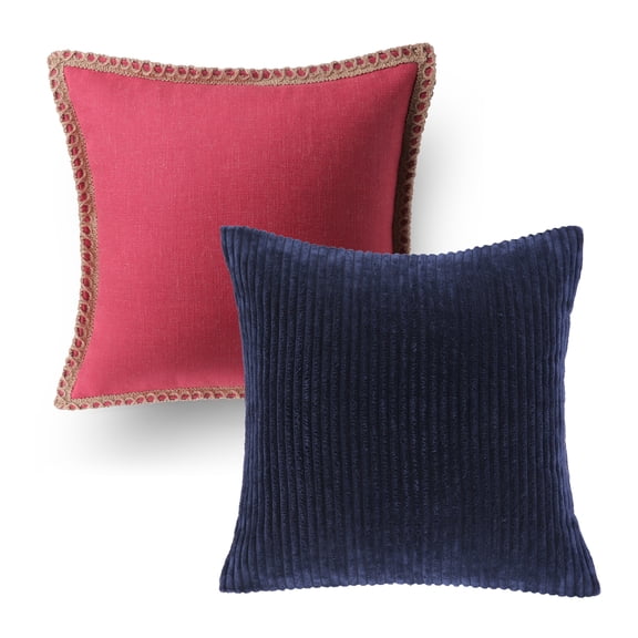 Decorative Throw Pillow Set, Linen Trimmed Farmhouse & Soft Corduroy Striped Velvet Series Bundle, for Sofa Couch Bedroom, Red & Navy, 18" x 18"