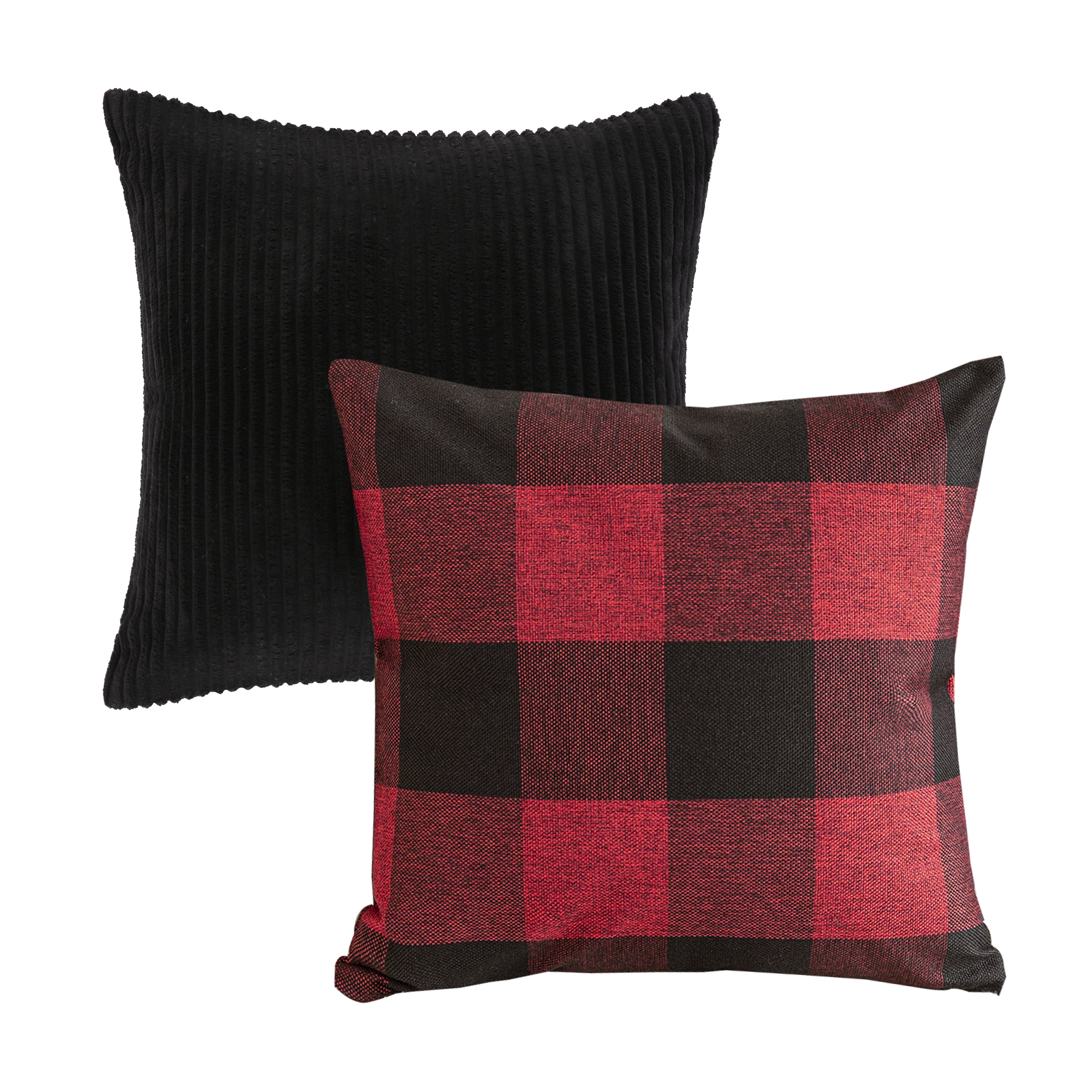 Decorative Throw Pillow Set, Soft Corduroy Striped Velvet & Buffalo Checker Plaid Farmhouse Cushion Series Bundle, for Sofa Couch Bedroom, Black & Red, 18" x 18"