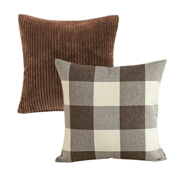 Decorative Throw Pillow Set, Soft Corduroy Striped Velvet & Buffalo Checker Plaid Farmhouse Cushion Series Bundle, for Sofa Couch Bedroom, Coffee, 18" x 18"