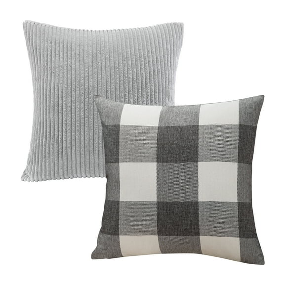 Decorative Throw Pillow Set, Soft Corduroy Striped Velvet & Buffalo Checker Plaid Farmhouse Cushion Series Bundle, for Sofa Couch Bedroom, Gray, 18" x 18"