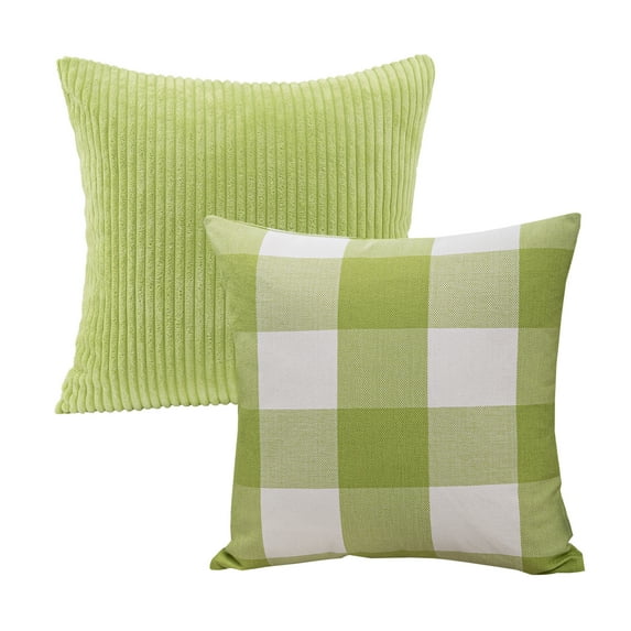 Decorative Throw Pillow Set, Soft Corduroy Striped Velvet & Buffalo Checker Plaid Farmhouse Cushion Series Bundle, for Sofa Couch Bedroom, Green, 18" x 18"