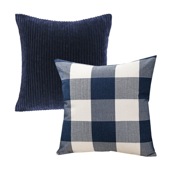 Decorative Throw Pillow Set, Soft Corduroy Striped Velvet & Buffalo Checker Plaid Farmhouse Cushion Series Bundle, for Sofa Couch Bedroom, Navy, 18" x 18"
