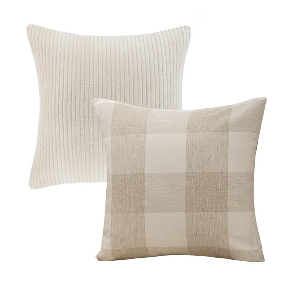 Decorative Throw Pillow Set, Soft Corduroy Striped Velvet & Buffalo Checker Plaid Farmhouse Cushion Series Bundle, for Sofa Couch Bedroom, Off White, 18" x 18"