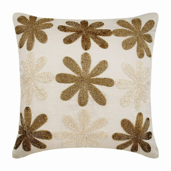 Decorative Throw Pillows Cover For Couch, Square Gold and Ivory Floral Beaded 12"x12" Cotton Linen Pillow Covers, Ivory Pillow Covers 12x12 inches - Floral Geisha