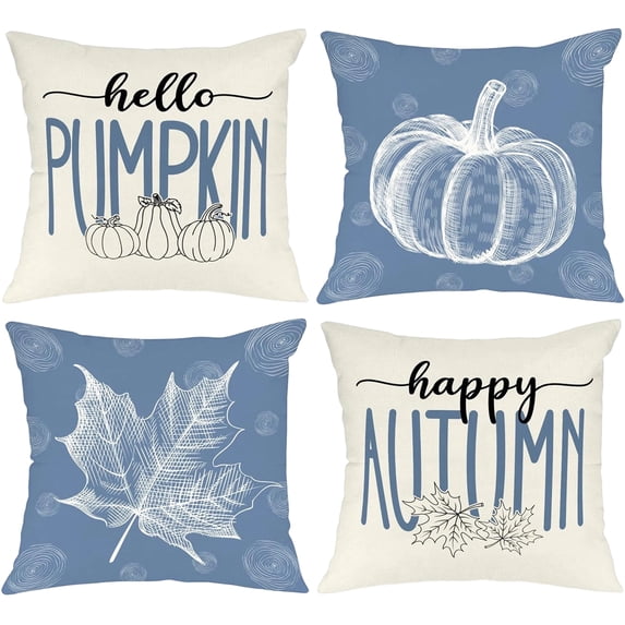 Decorative Throw Pillows Covers Set of 4 Linen for Halloween Decor Thanksgiving Decor Fall Decor Blue and White Seasonal Home Accents