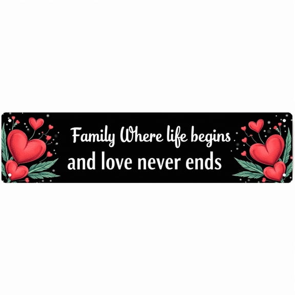 Decorative Tin Sign - 16*4 Inch "Family where love never ends" Heartwarming Design for Living Room, Kitchen, Porch - Tin Signs, Ideal for Family Sign, Funny Room Decor, Vintage Decor for Home