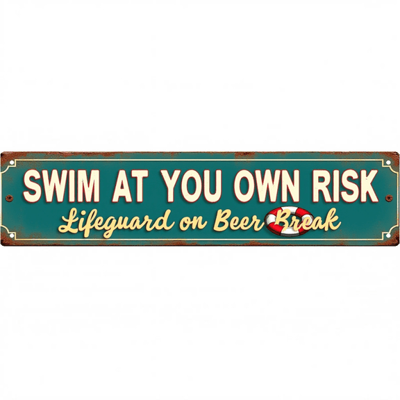 Decorative Tin Sign 16*4 Inches "Swim at Your Own Risk" Pool Area, Patio, Backyard Swim At Own Risk Theme, Pool Sign, Beachy Decor