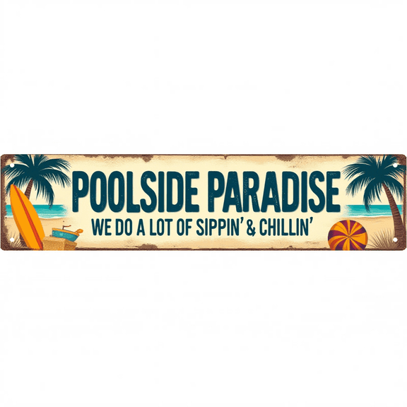 Decorative Tin Signs 16*4 Inches - Ideal for"Poolside Paradise" Poolside, Patio, Bar | Pool Sign, Beachy Decor, Outdoor Sign