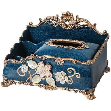 Decorative Tissue Box Holder with Remote Organizer, Antique Blue and Gold Floral Design