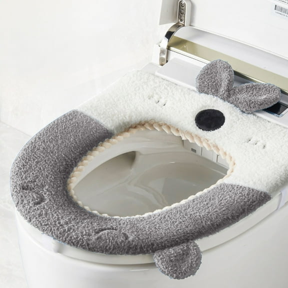 Decorative Toilet Seat Cover with Cute Embroidery, Soft Plush Thickened Toilet Seat for Winter Warmth, Machine Washable Household Toilet Cushion(Gray)