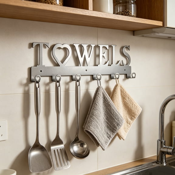 Decorative Towel Hooks Wall Rack - Metal "TOWELS" Sign with 6 Hooks, Rustproof Hanger for Bathroom, Kitchen & Entryway, Organizer for Towels, Coats & Accessories