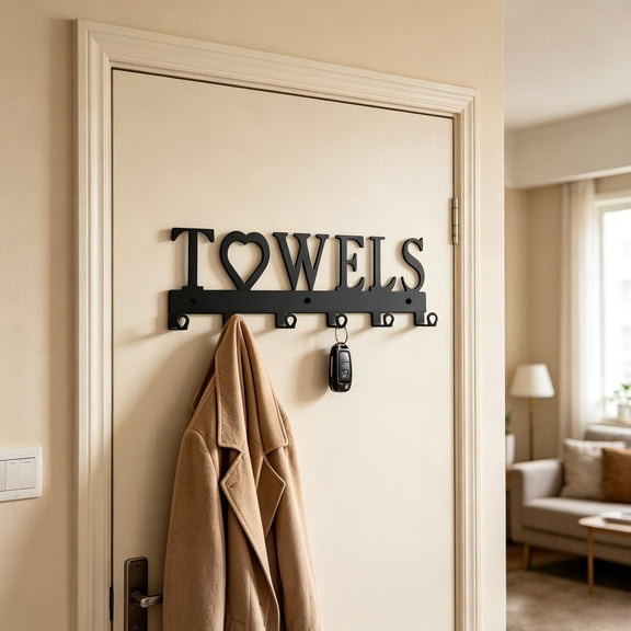 Decorative Towel Hooks Wall Rack - Metal "TOWELS" Sign with 6 Hooks, Rustproof Hanger for Bathroom, Kitchen & Entryway, Organizer for Towels, Coats & Accessories