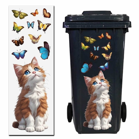 Decorative Trash Can Stickers 10 x 18 Inch Cartoon Cat Butterfly Dustbin Decals PVC Self Adhesive Large Wraps DIY