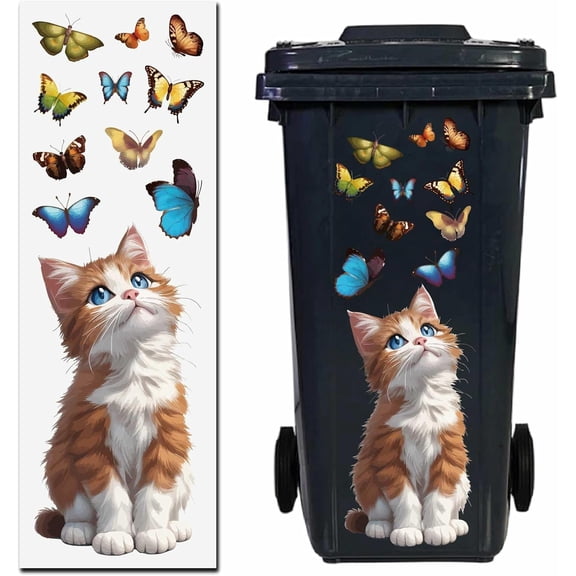 Decorative Trash Can Stickers 10 x 18 Inch Cartoon Cat Butterfly Dustbin Decals PVC Self Adhesive Large Wraps