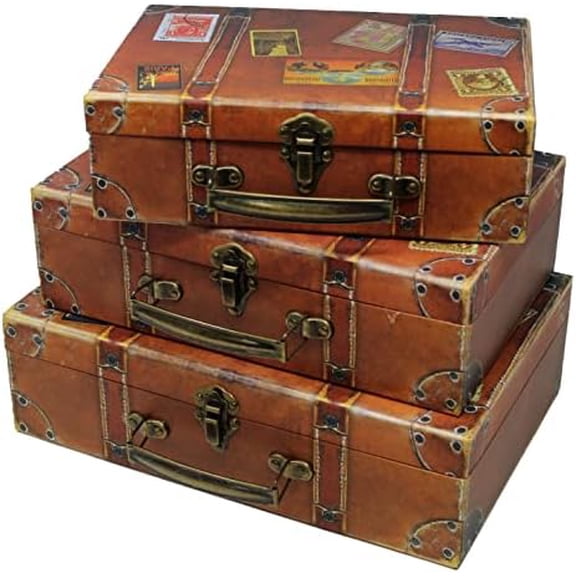 Decorative Travel-Themed Paperboard Boxes (Set of 3) Small Suitcase-Style Storage for Keepsakes, Mementos, Miniature Prop-Style Luggage | Largest Suitcase is 12'' L x 8'' W x 3.5'' H
