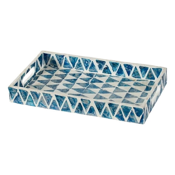 Decorative Tray- 14 Inch Capiz Geometric Pattern- Blue and White