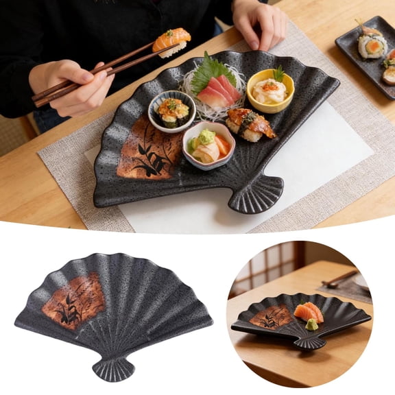 Decorative Tray Sector Shaped Ceramic Serving Plate 13 Inch Japanese Cuisine Dish For Barbecue Dumplings And Porcelain Tableware