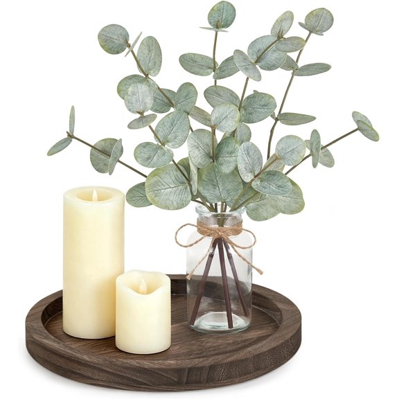 Decorative Tray with Artificial Eucalyptus Stems in Glass Vase