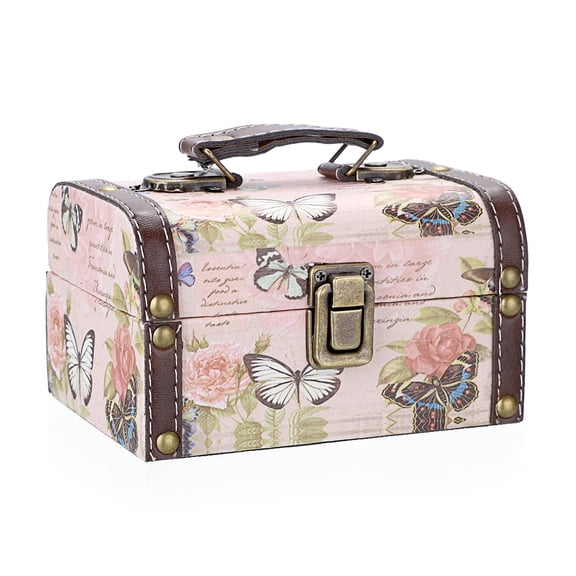 Decorative Treasure Chest Box Wooden + Pu Leather StorFor Trinkets Keepsakes Women Gifts (butterfly Pattern Small)