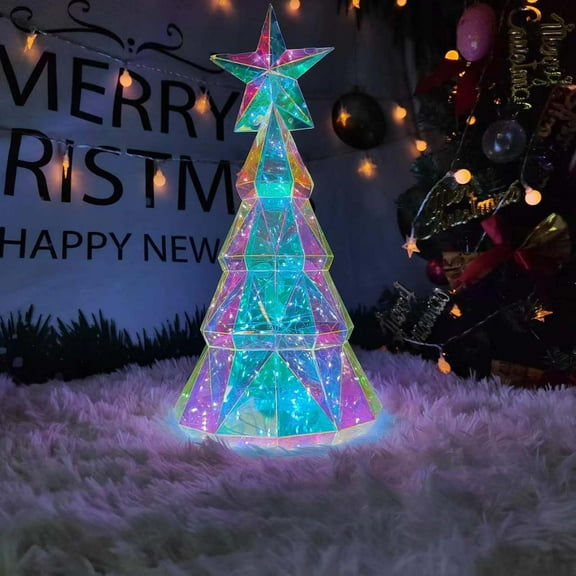 Decorative Tree 15x7.5x8.5" Colorful Christmas Tree with 100 Warm White LED Lights Holographic PET Desktop Ornament for Home Office Holiday Decor White Single Piece JASKFLY