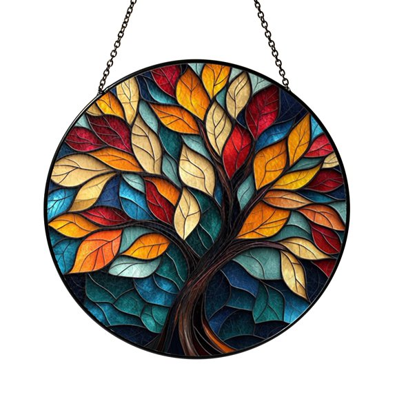 Decorative Tree Glass Window Panel, Stained Glass Style Artistic Display