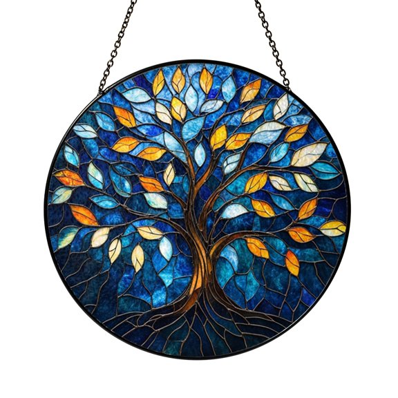 Decorative Tree Window Hanging Decor, Stained Glass Style Fantasy Botanical Suncatcher, Decorative Glass Panel for Windows, Artistic Home Decor